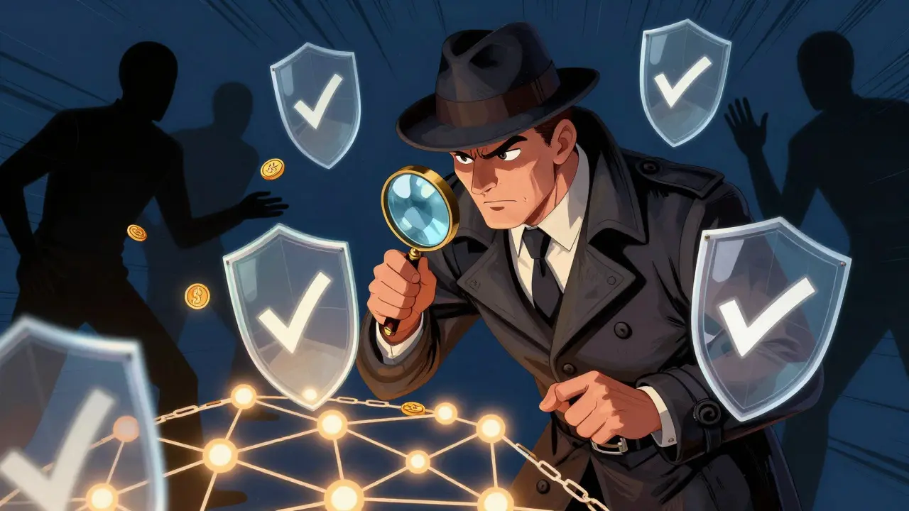 Detective using a magnifying glass to verify glowing crypto nodes in an illustration