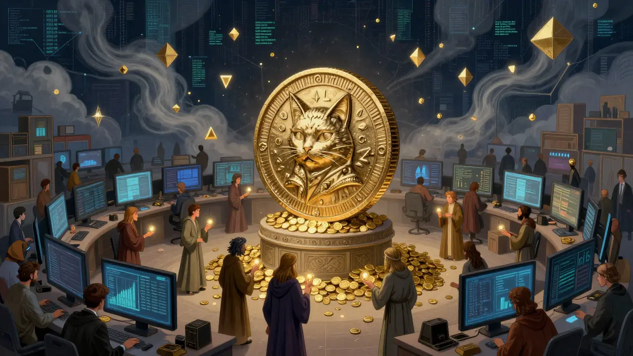 Fantastical Howard Pyle style scene of few traders exchanging glowing coins around a central pedestal