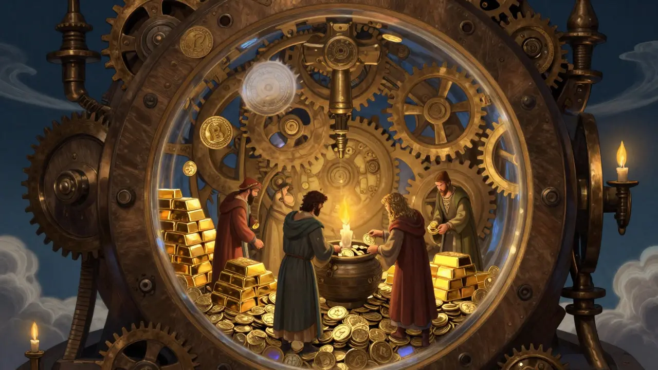 Fantasy illustration of a gear-based vault where characters stake coins to secure the network infrastructure