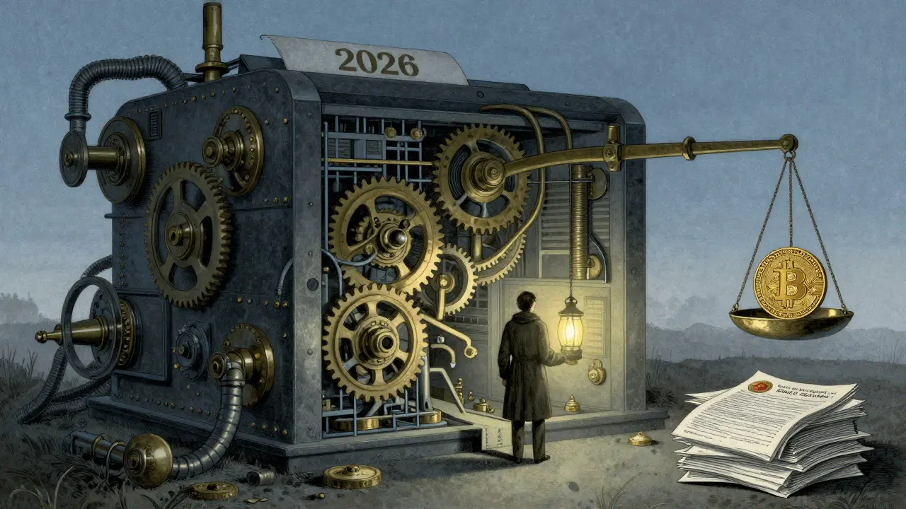 Figure navigating a complex mechanical maze representing strict crypto tax compliance and record-keeping