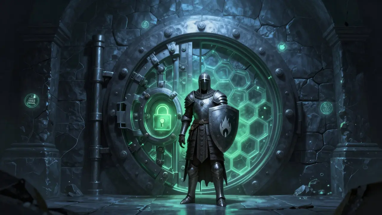 Guardian standing before a secure digital vault door in Howard Pyle style art