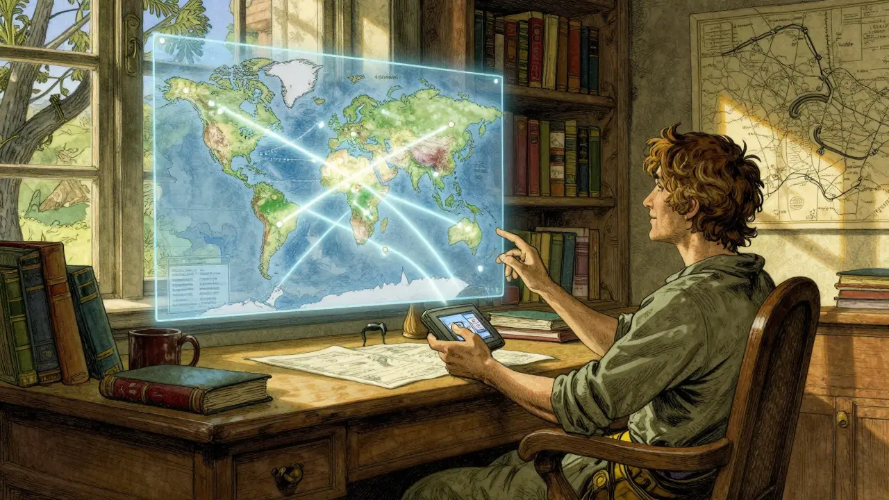 Howard Pyle style drawing of a character using a magical device to visualize cross-chain connections and swaps