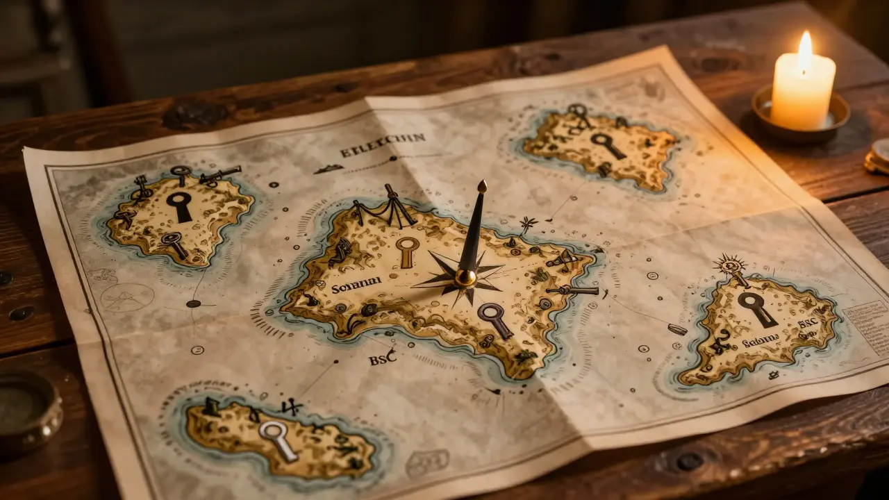 Howard Pyle style illustration of a treasure map on a wooden table pointing to a specific keyhole