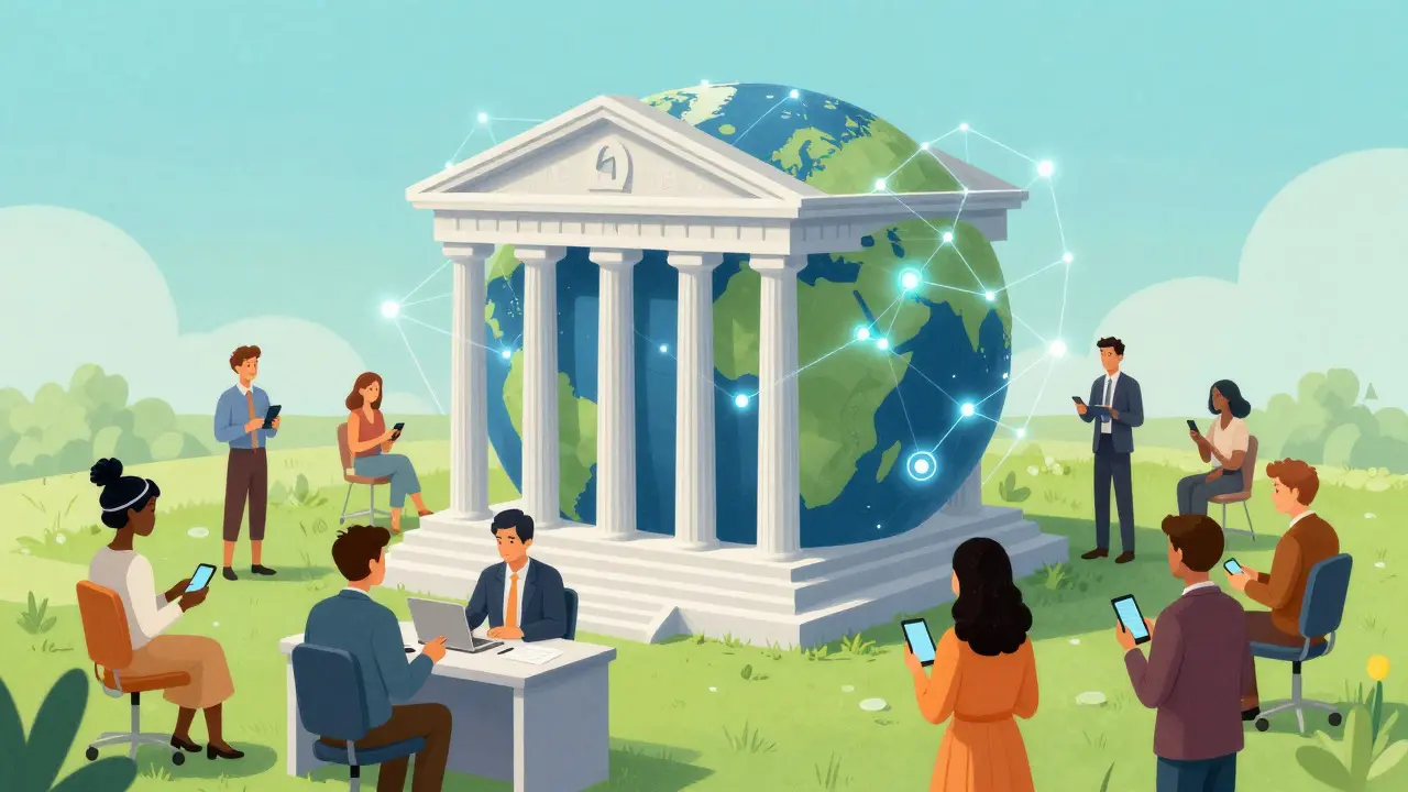 Illustration of bankers advising clients while connecting to a global digital network