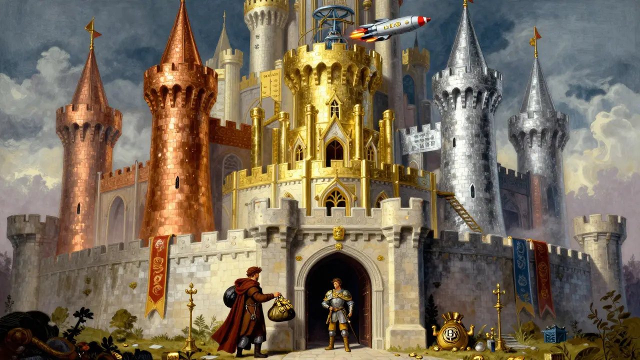 Knight checking token purse to enter tiered castle towers for launchpad access.