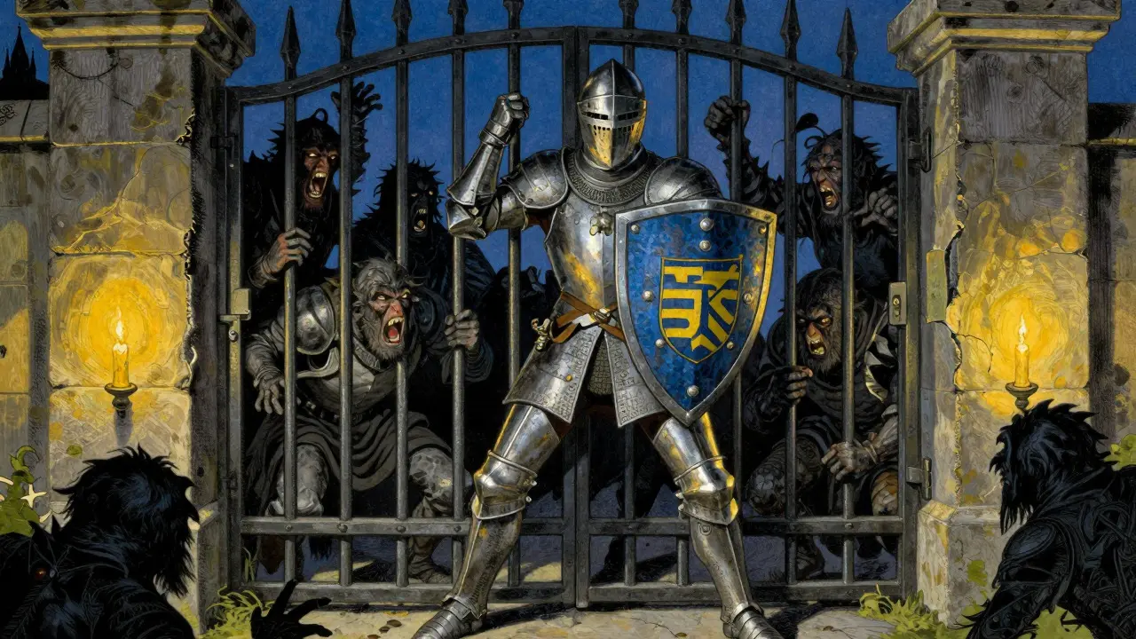 Knight guarding a locked gate against shadowy creatures