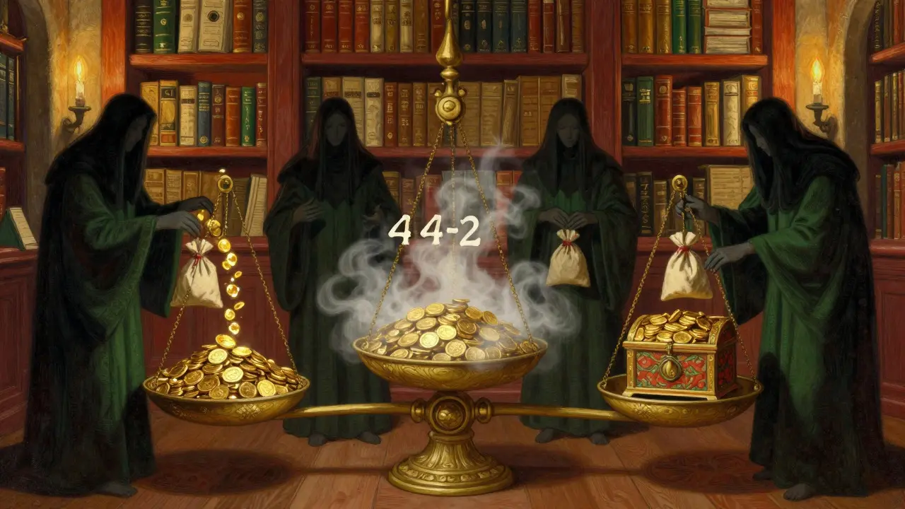 Magical scales distribute coins to holders, charity, and burning mist