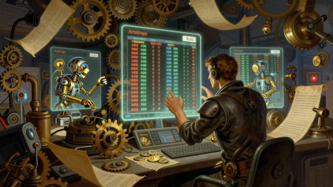 Mechanical bots automating trades in a vintage command center