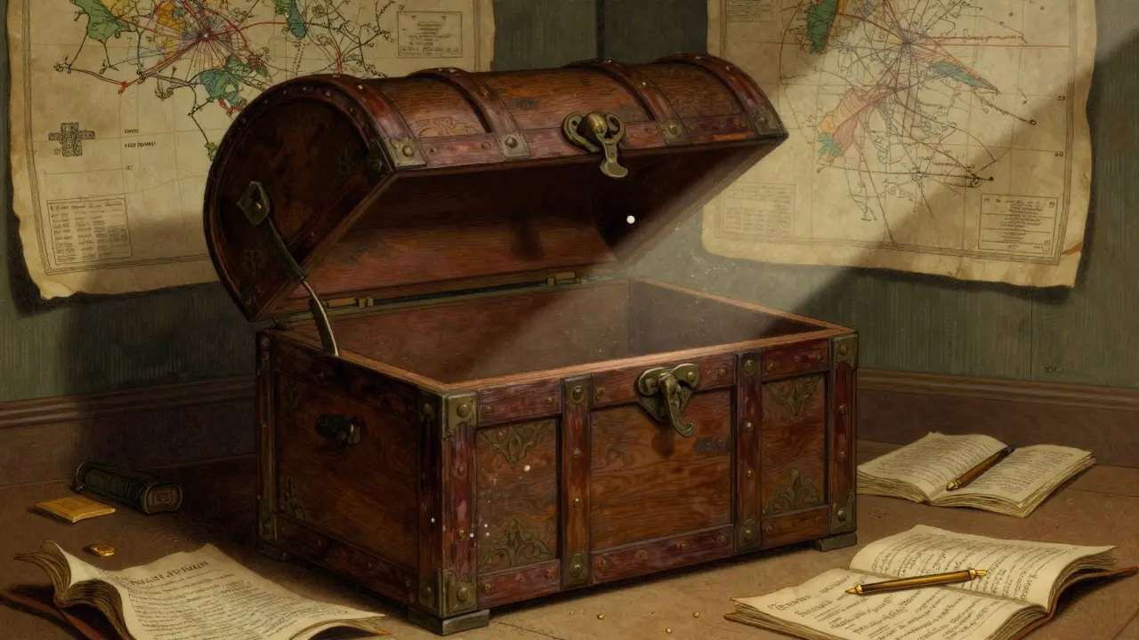 Open treasure chest revealing mostly empty interior