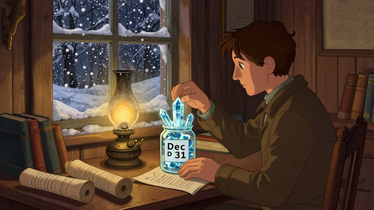 Person placing glowing crypto crystals into a jar in a cozy winter study.