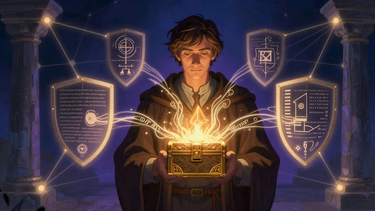 Scholar protecting digital identity with glowing cryptographic shields