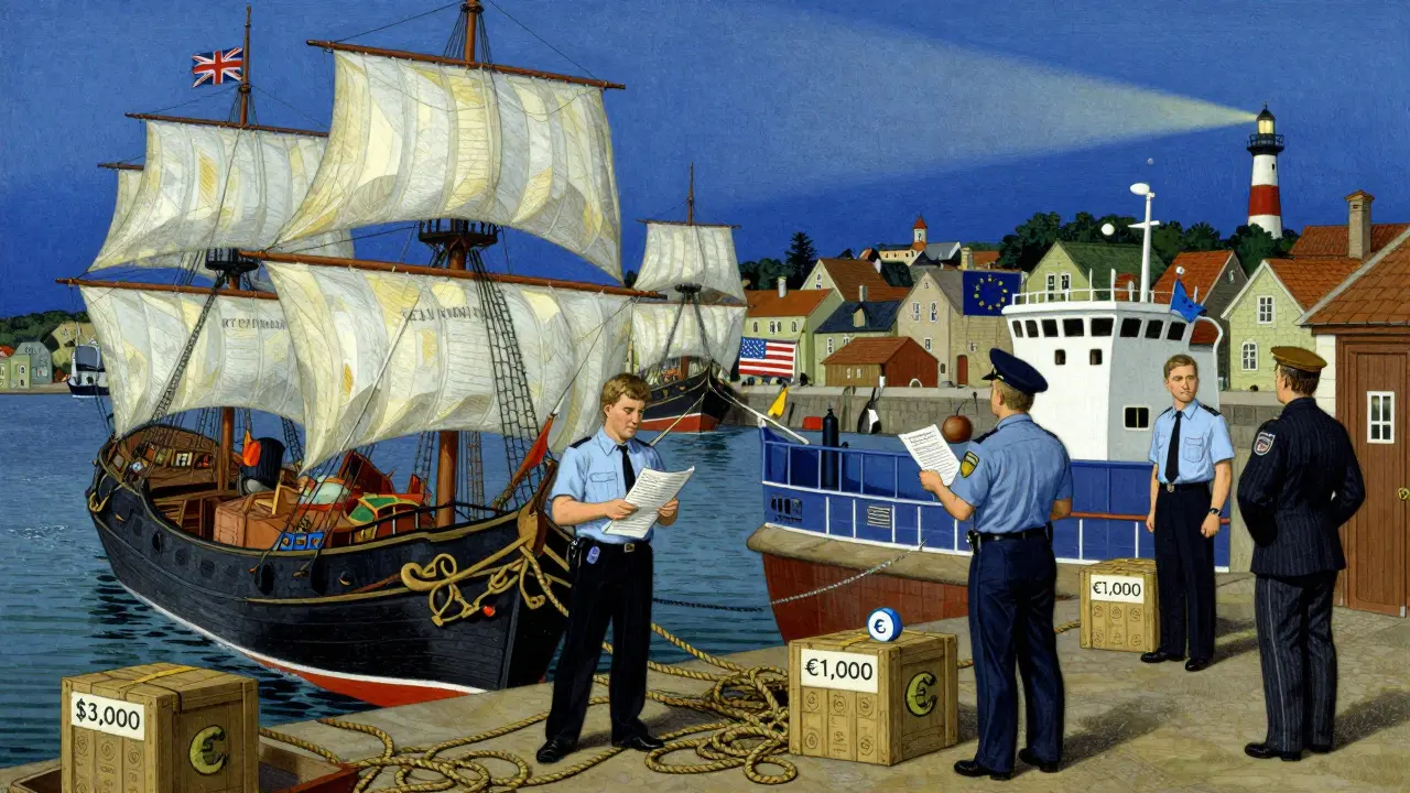 Ships at a busy port facing customs checks for crypto transfers