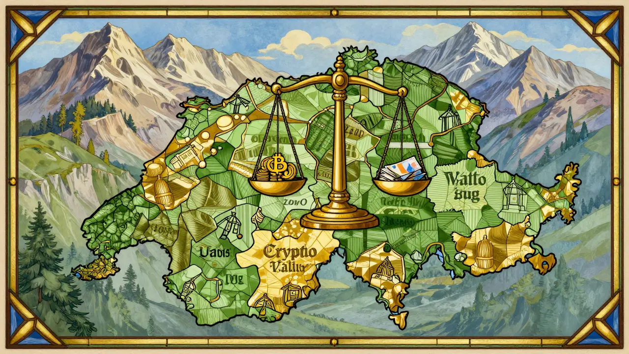 Stylized map of Swiss cantons with a golden scale weighing crypto against francs.