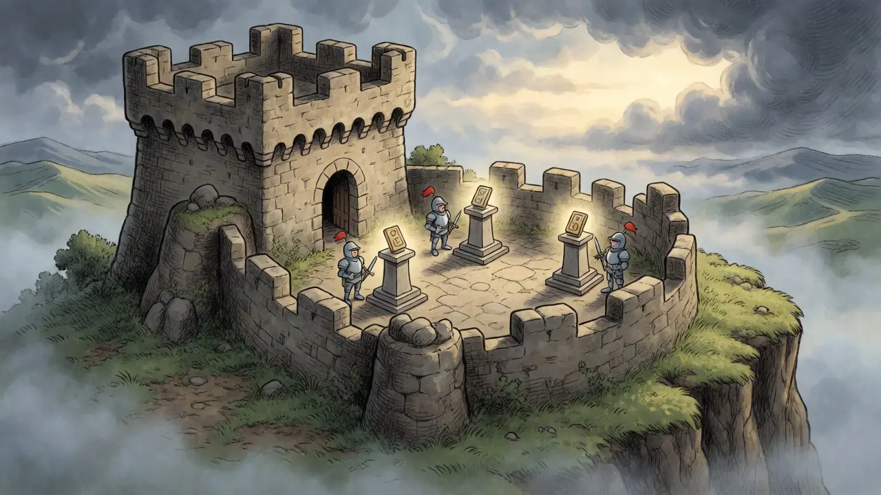 Three guarded pedestals in a stone fortress, illustrating distributed key storage.
