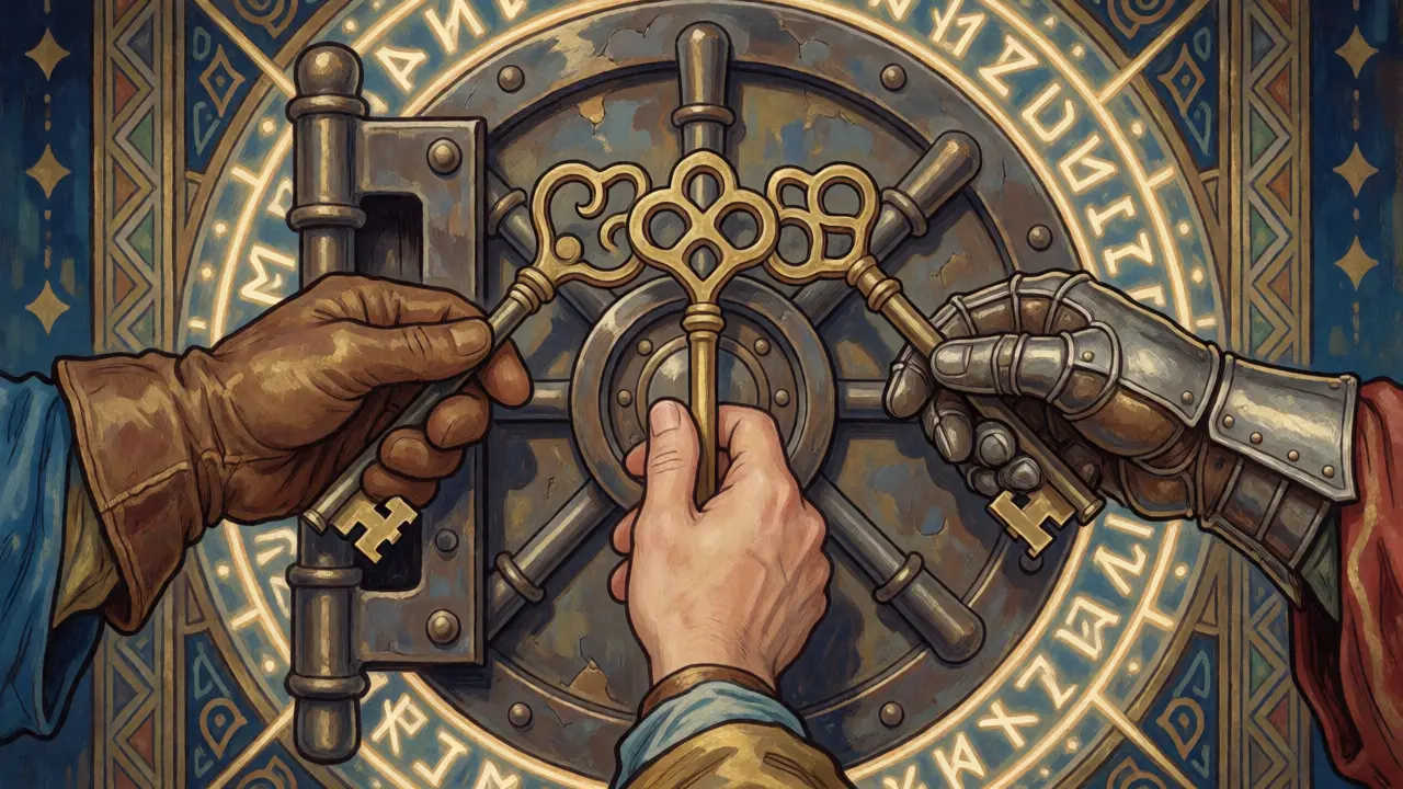 Three hands holding distinct keys converging on a vault door, representing M-of-N security.