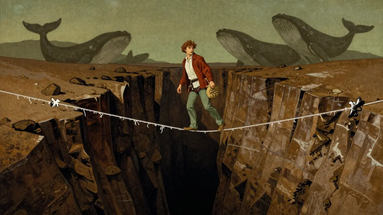 Tightrope walker balancing precariously over a chasm representing market risk