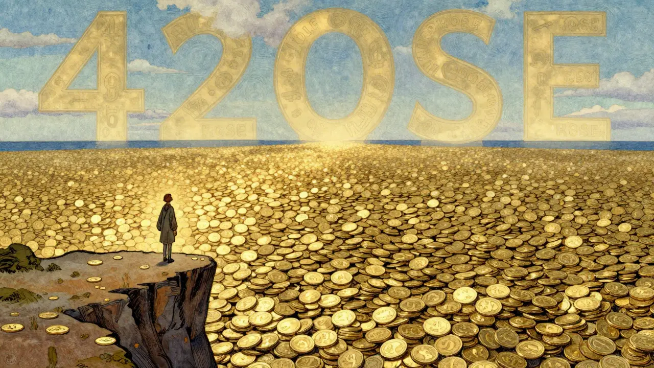 Tiny figure overlooking an endless sea of gold coins representing supply