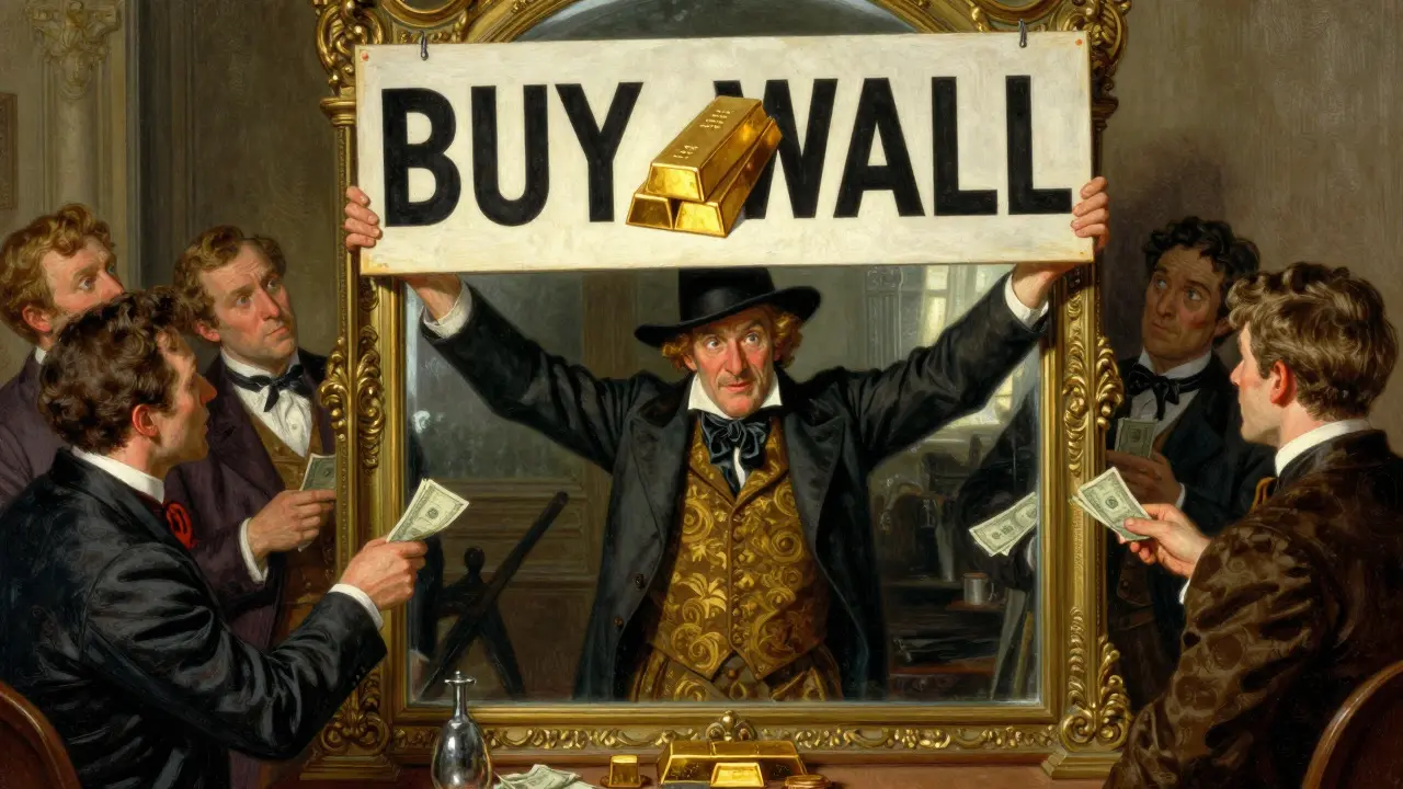 Trader using a fake gold wall to deceive investors in a cartoon