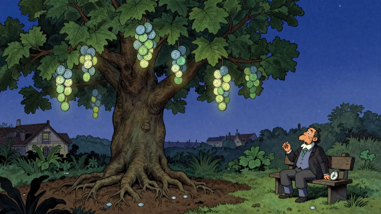 Tree bearing glowing coins in a twilight garden representing staking yields
