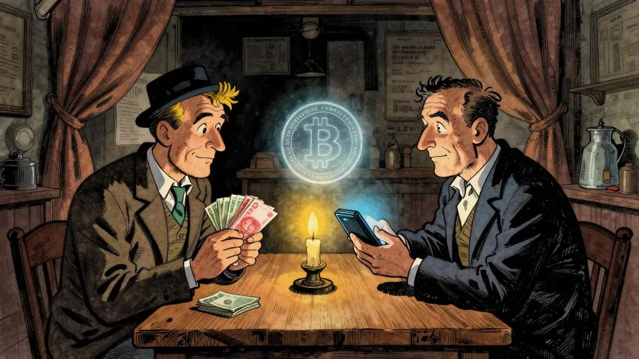 Two people exchanging cash for a glowing digital token in a dimly lit secret room