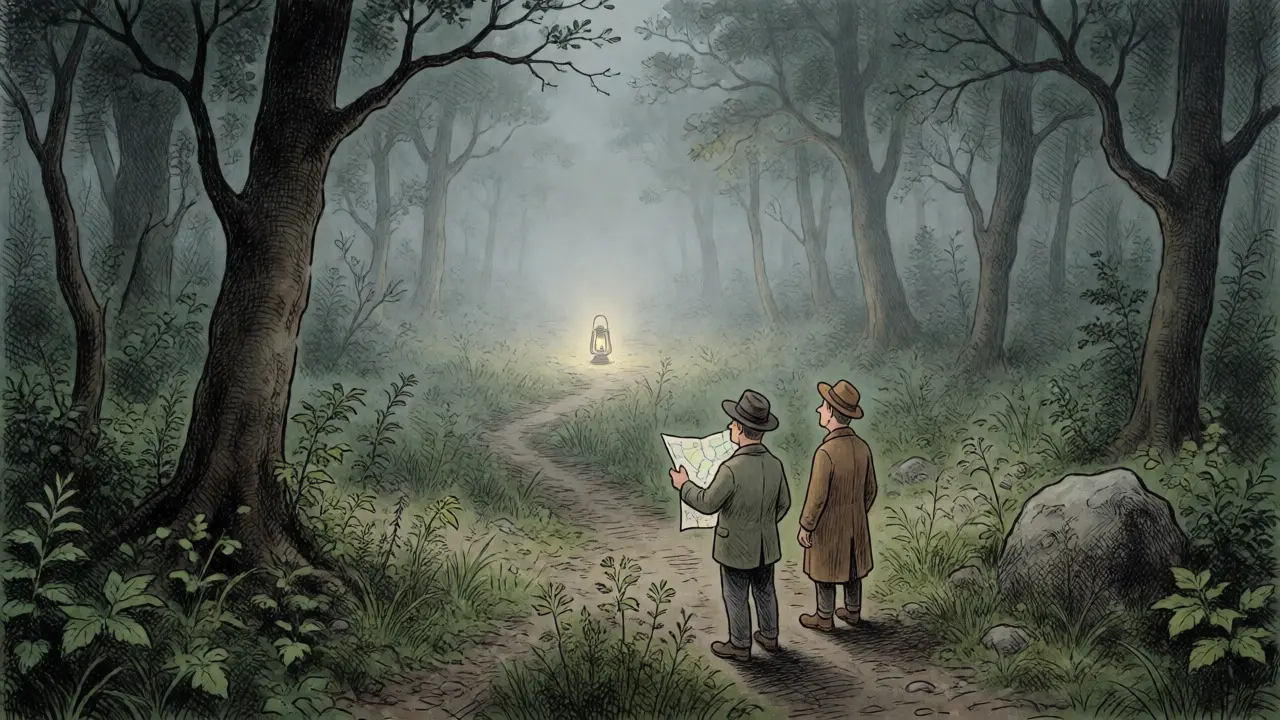 Two travelers at a crossroads facing a foggy, uncharted forest path.