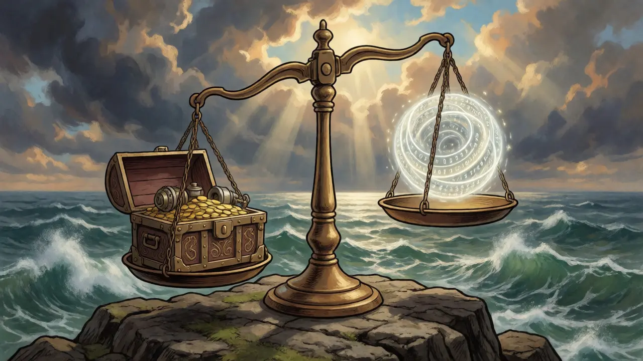 A balance scale weighing a treasure chest against a glowing orb of digital light.