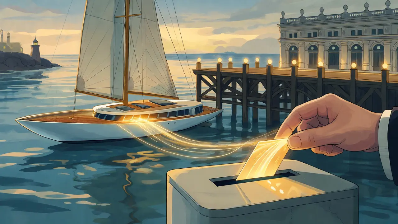 A ship docking at a pier as a credit card transforms into golden light.