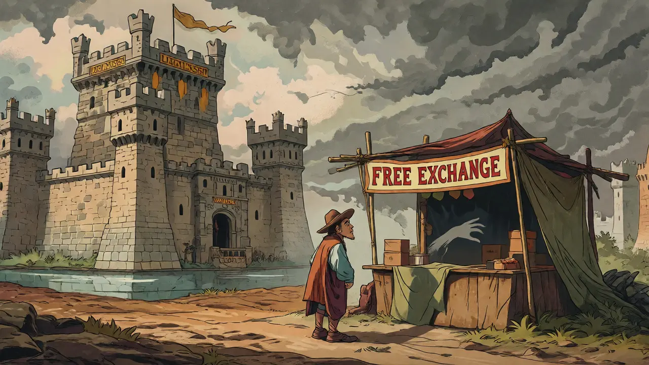 A trader hesitating between a small unregulated stall and fortified licensed exchanges in a fantasy landscape.