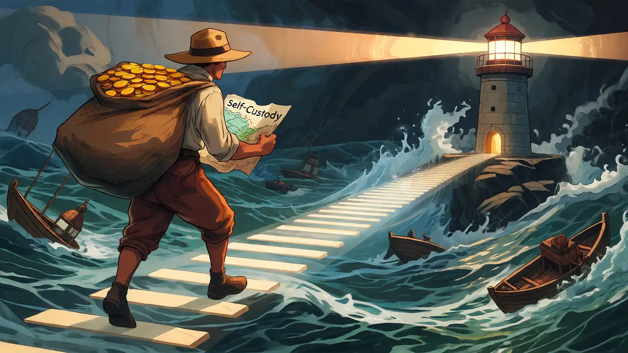 A traveler crossing a light bridge to a safe harbor, leaving a stormy sea of unregulated markets behind.