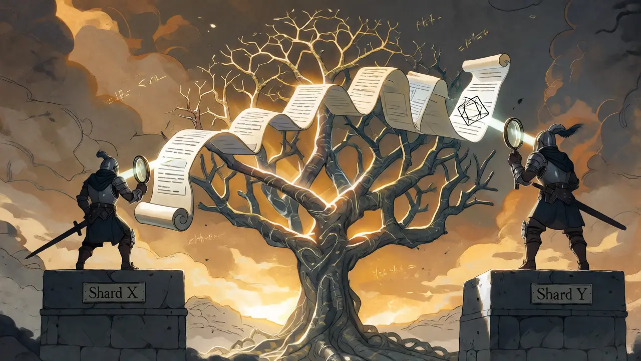 A visual metaphor of a Merkle tree sending a verified receipt across a bridge between two shard pedestals.
