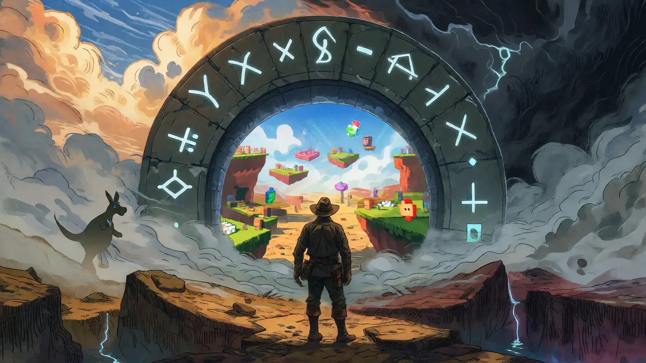 Adventurer looking at a risky path toward a gaming world under a split sky.