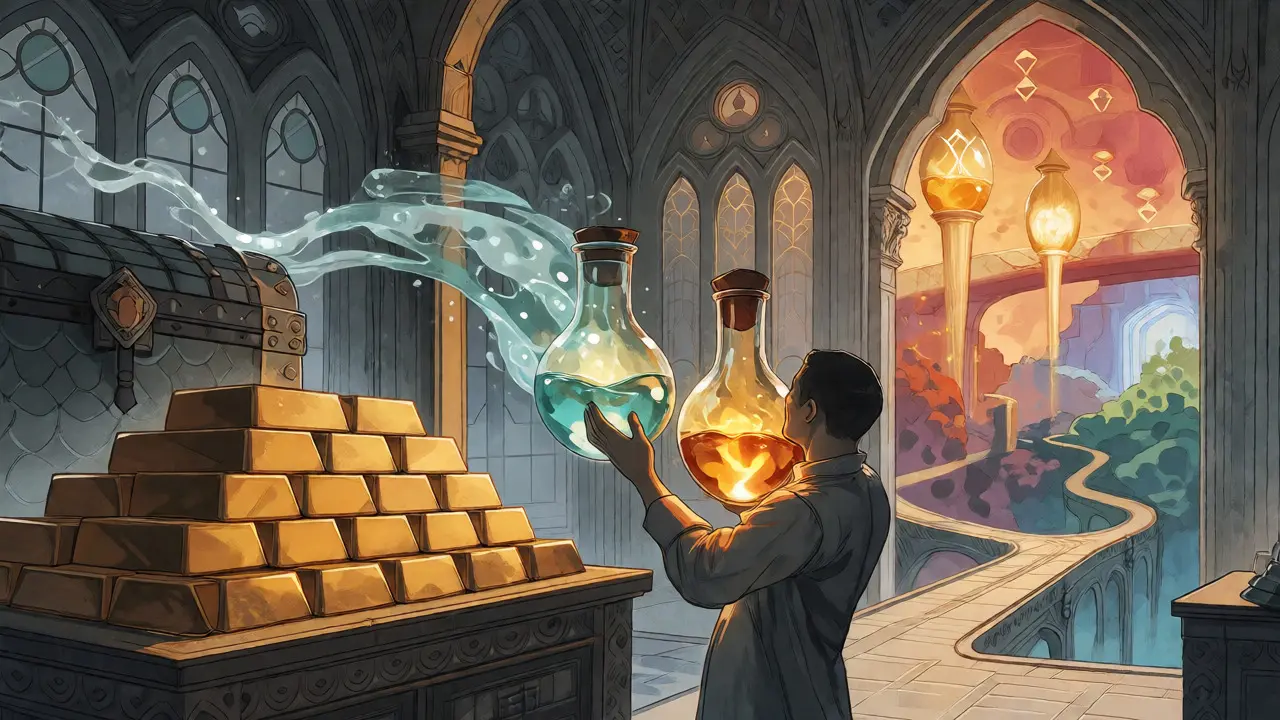 Alchemical scene transforming locked gold into liquid glowing vials across multiple chain bridges.