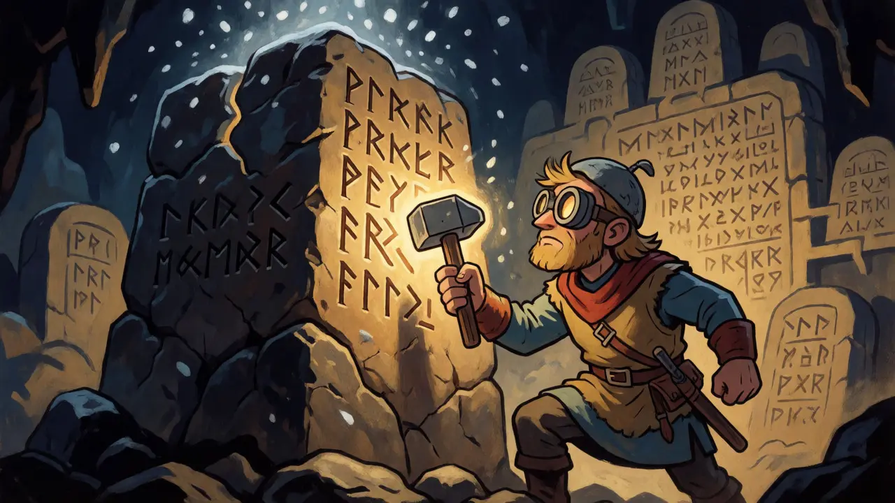 Alchemist-like miner striking a block to reveal leading zeros in a blockchain.