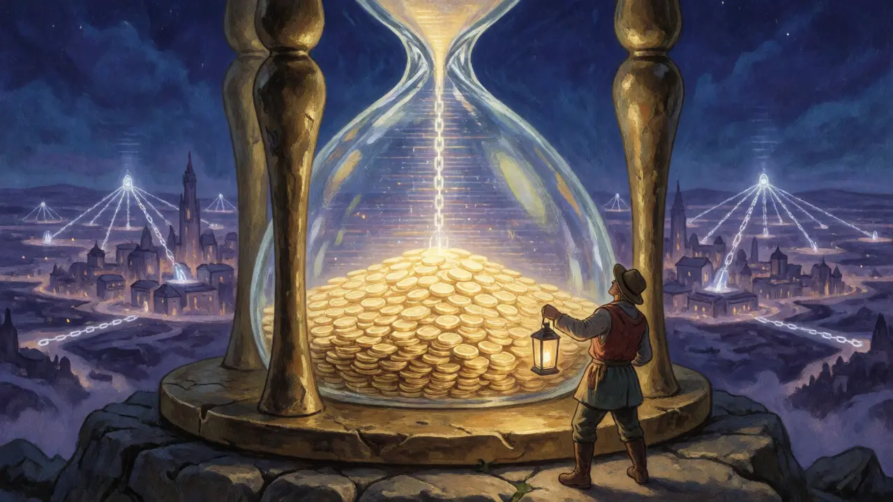 Allegorical hourglass filled with golden coins, symbolizing fixed token supply.
