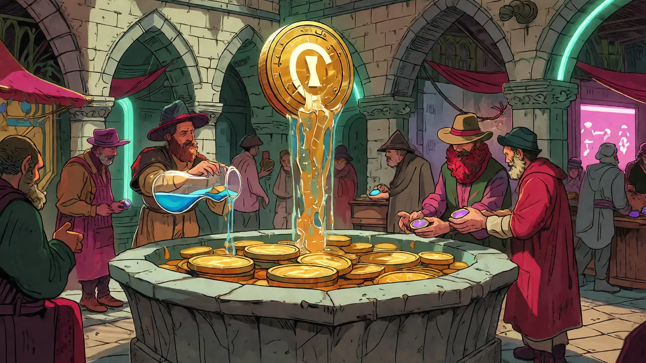 Allegory of SUAI token as golden fuel flowing through a fantasy marketplace