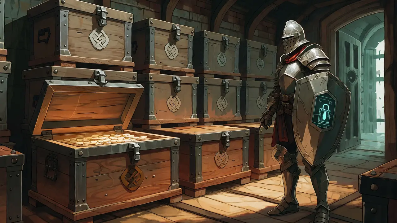 An armored guard protecting treasure chests in a secure vault room.