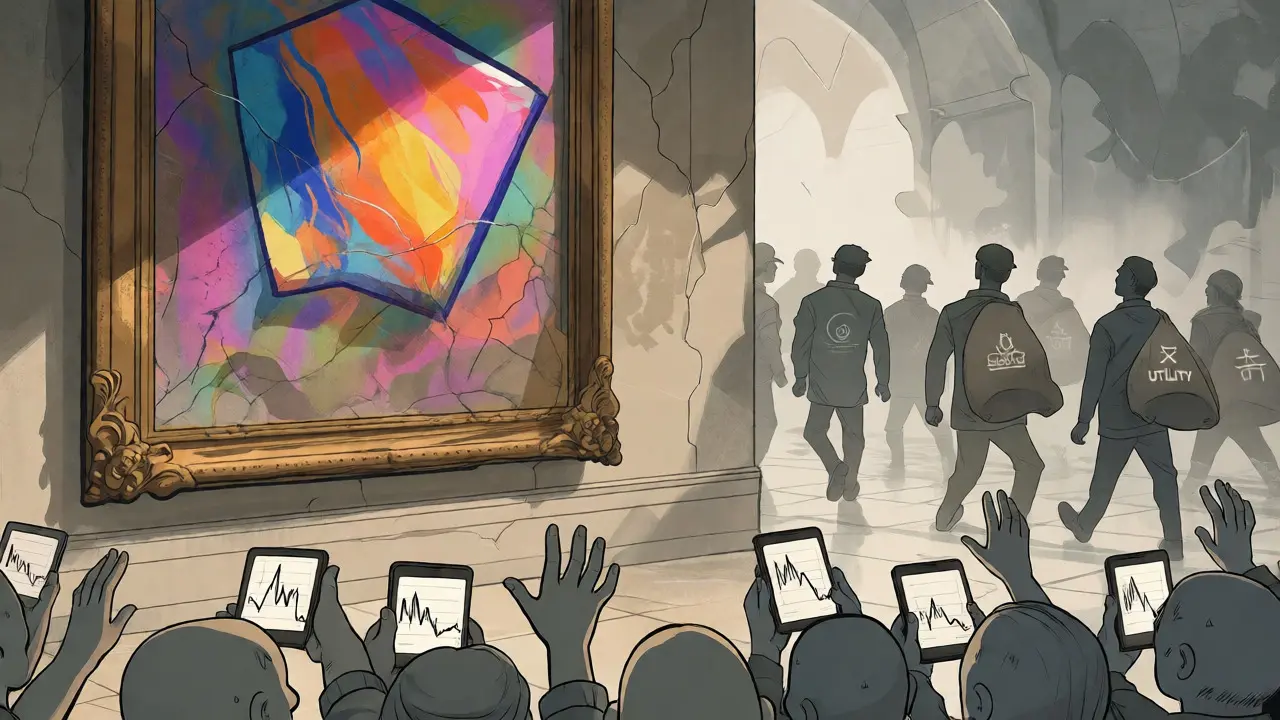Artwork showing NFT creators abandoning a fading project while investors look on helplessly.