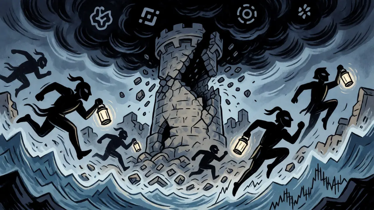 Crumbling stone tower overshadowed by modern competitors in a stormy landscape.
