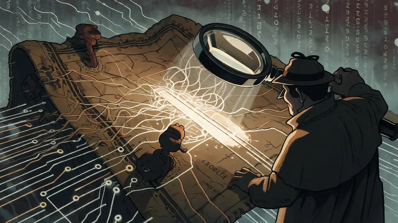 Detective using a magnifying glass to untangle complex digital transaction threads on a map.
