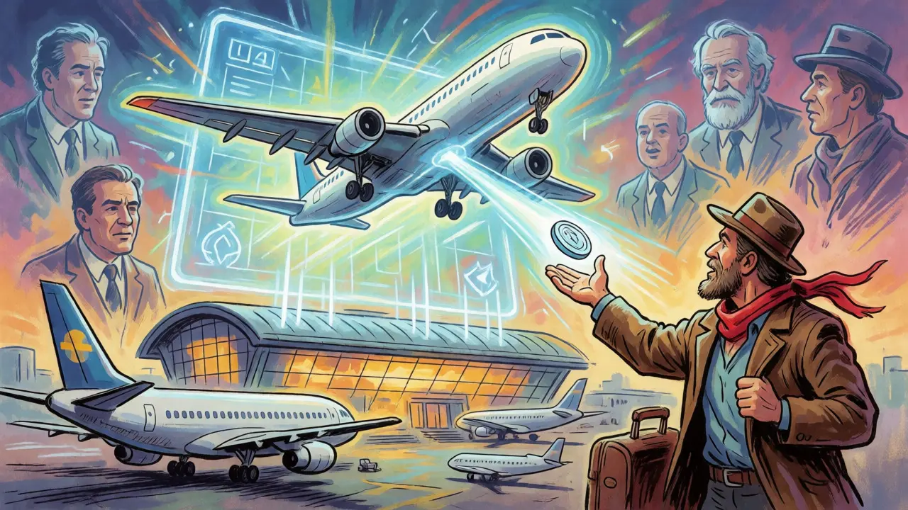 Dynamic cartoon showing automatic flight delay payouts via blockchain, bypassing human agents.