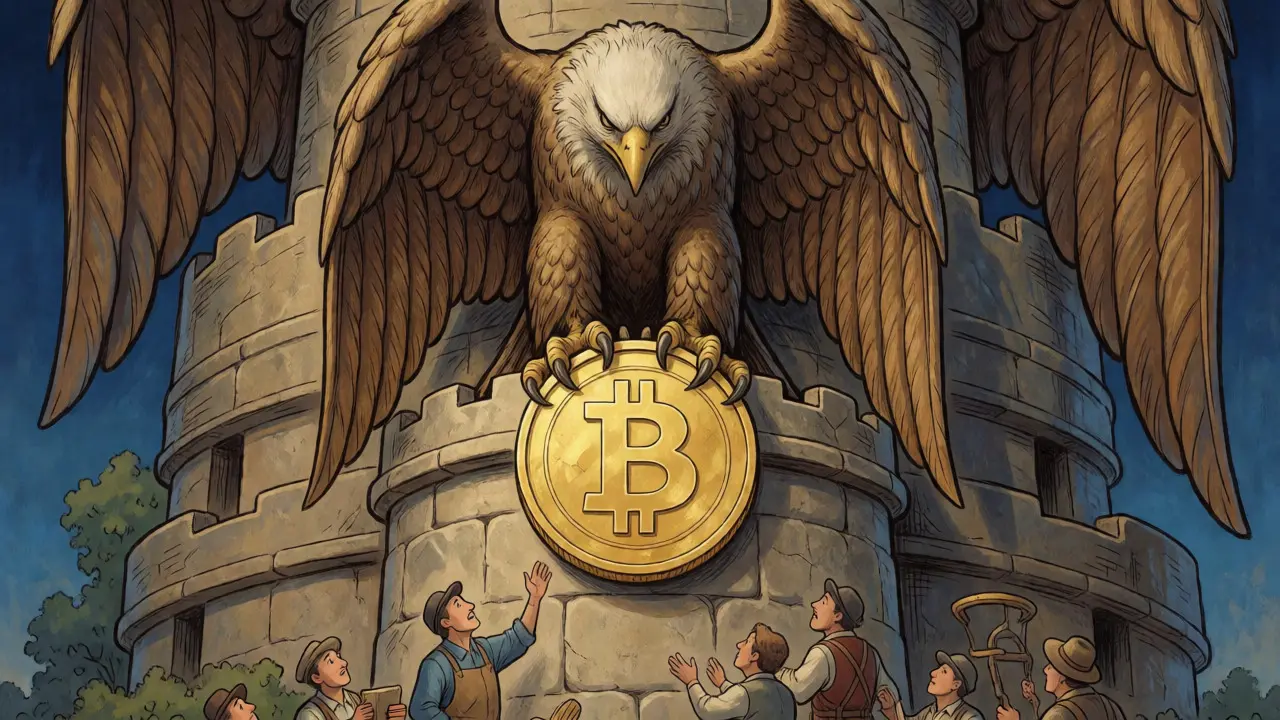 Eagle guarding a giant Bitcoin coin atop a treasury building with broken auction chains