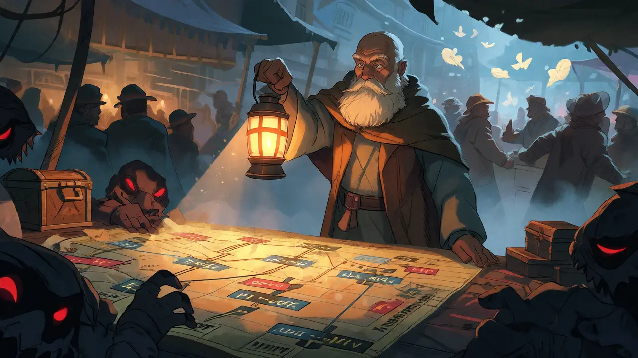 Elder using a lantern to reveal hidden traps and red flags in a chaotic crypto market.