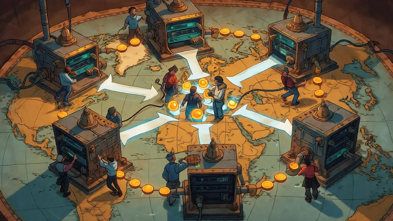 Fantasy map showing decentralized nodes connected by glowing token pipelines and operators.