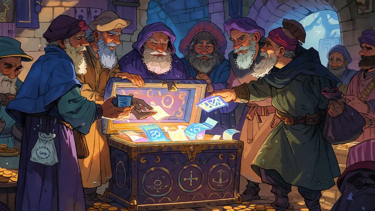 Fantasy traders exchanging glowing tickets near a treasure chest