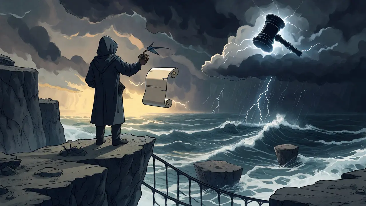 Figure on a cliff holding a scroll facing a stormy sea