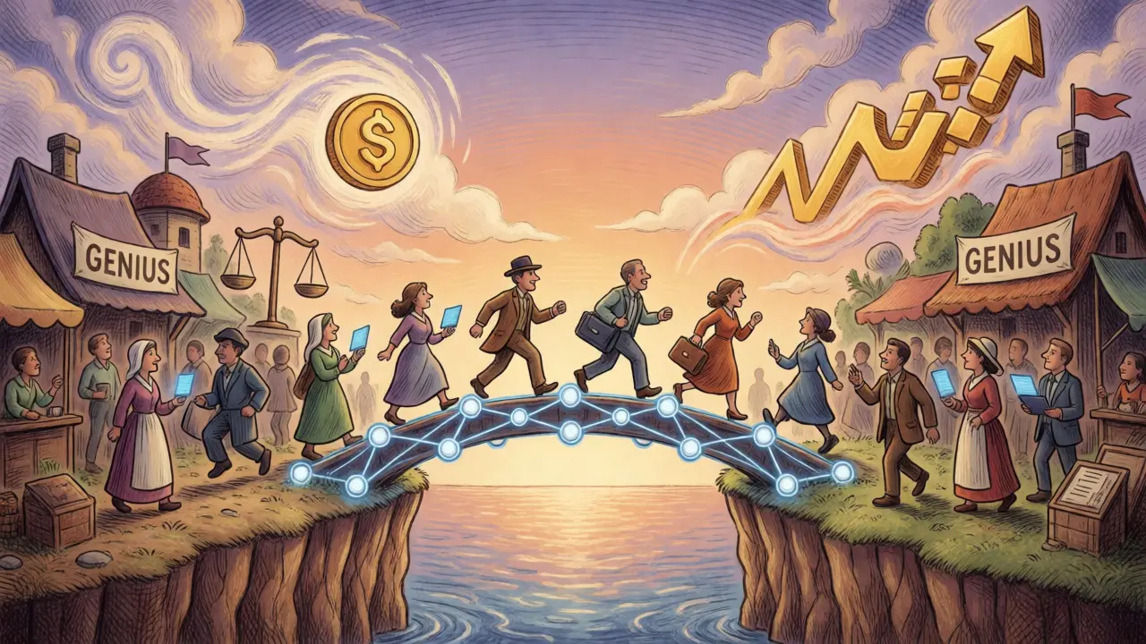 Figures crossing a digital bridge between law and finance under a vibrant sky