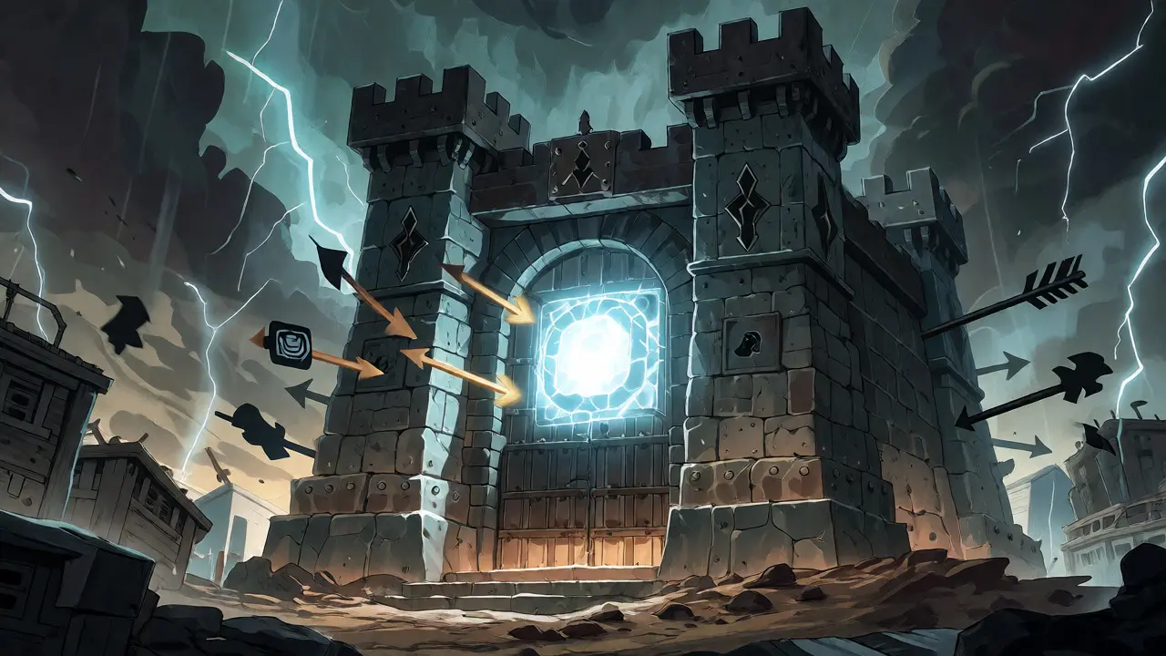 Fortress-like HSM device protecting a glowing core from lightning and crumbling servers.