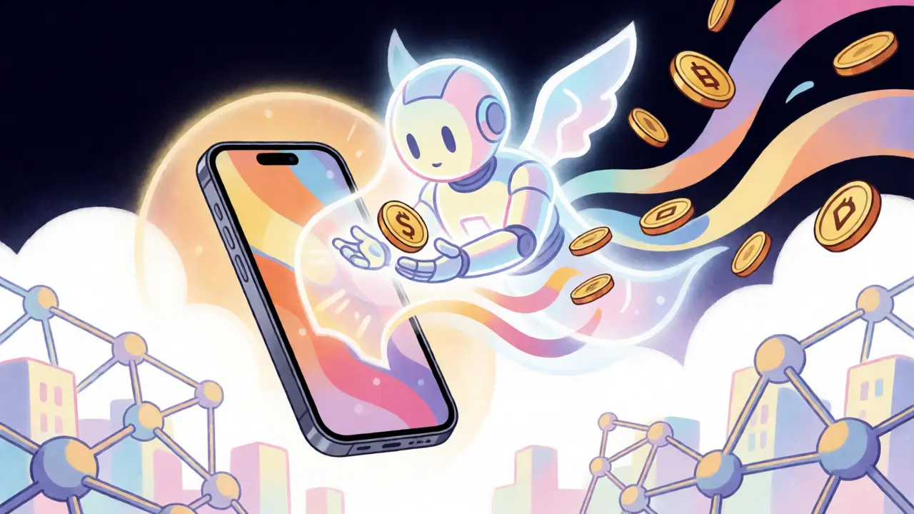 Futuristic smartphone releasing a light-based guardian that smoothly handles floating cryptocurrency tokens.