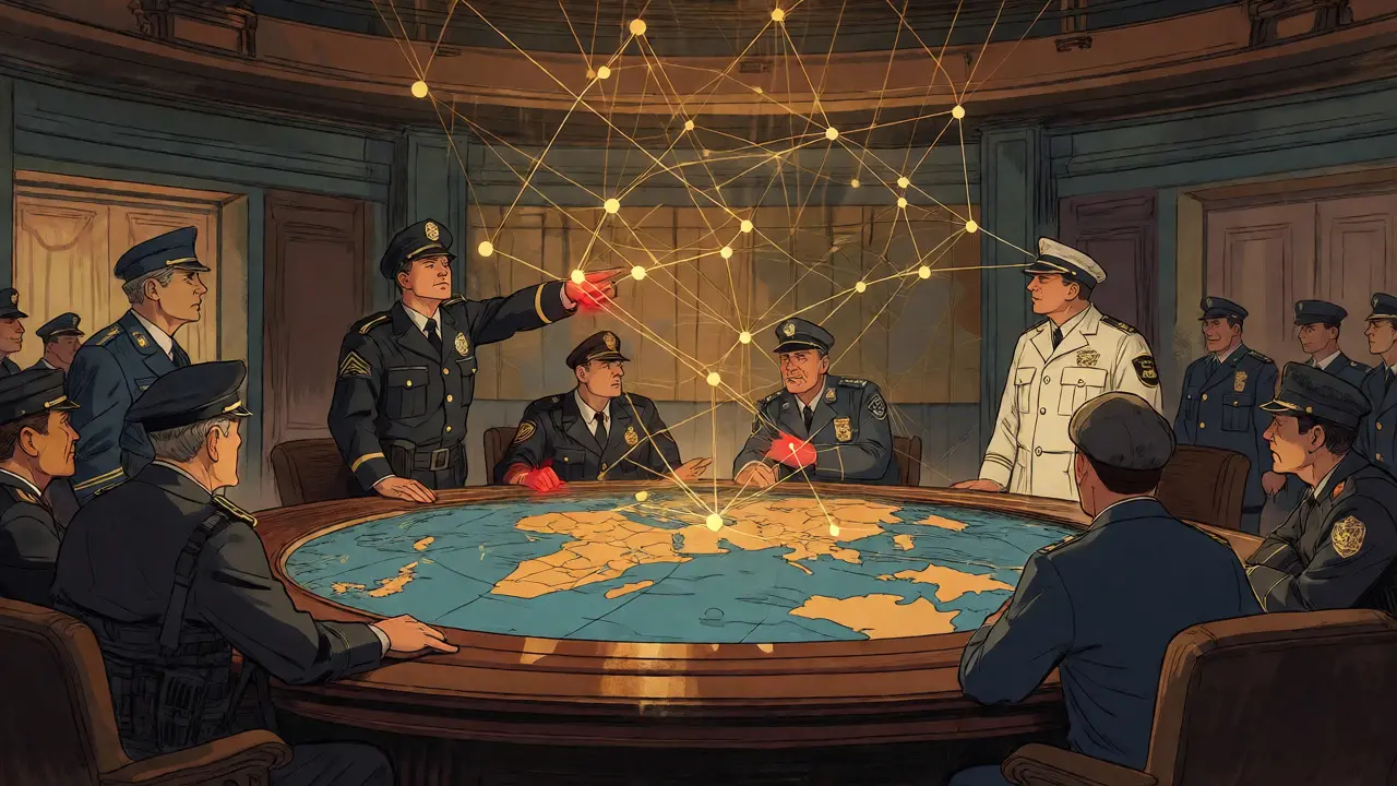 Global law enforcement leaders coordinating around a glowing world map in a command center.