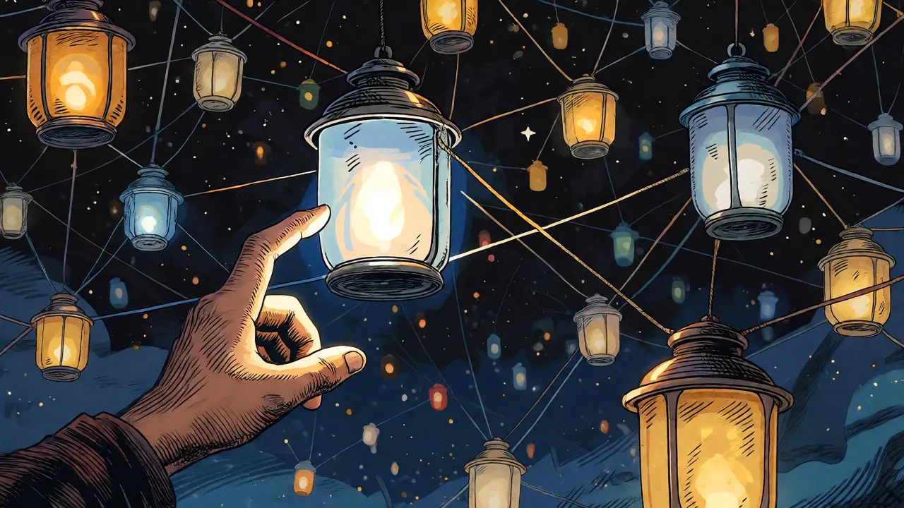 Glowing lanterns suspended in a dark sky representing decentralized IPFS storage nodes.